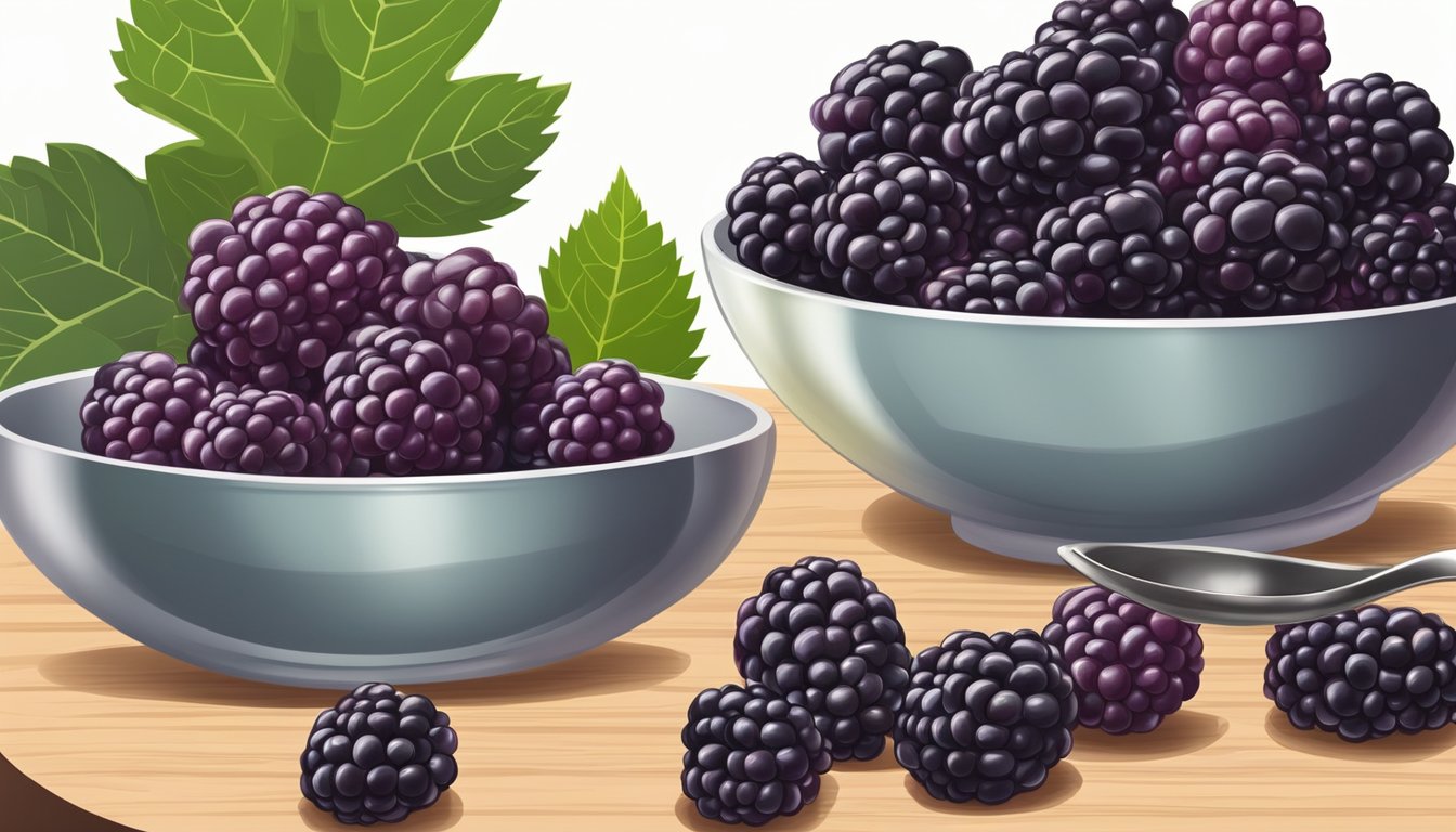 A bowl of fresh mulberries and blackberries side by side on a wooden cutting board, with a measuring cup and spoon nearby