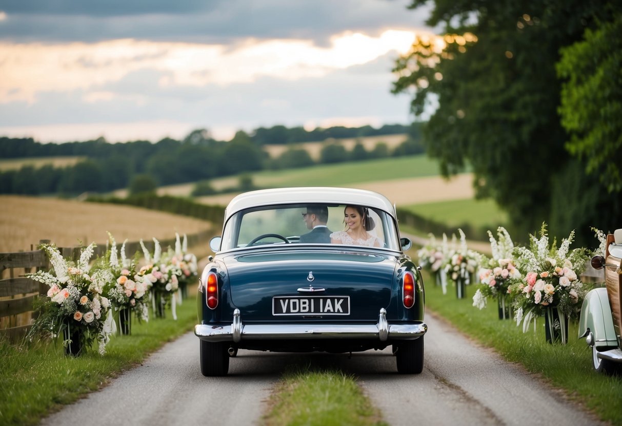 A vintage car drives through a countryside landscape with the bride in the backseat, surrounded by flowers and traditional wedding decorations