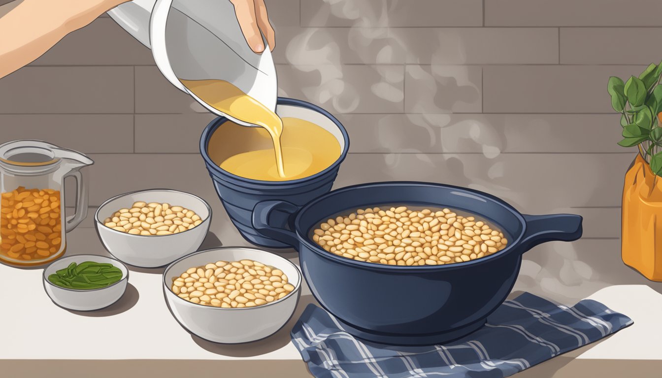 A bowl of navy beans being poured into a pot of simmering soup, with a bag of cannellini beans sitting nearby