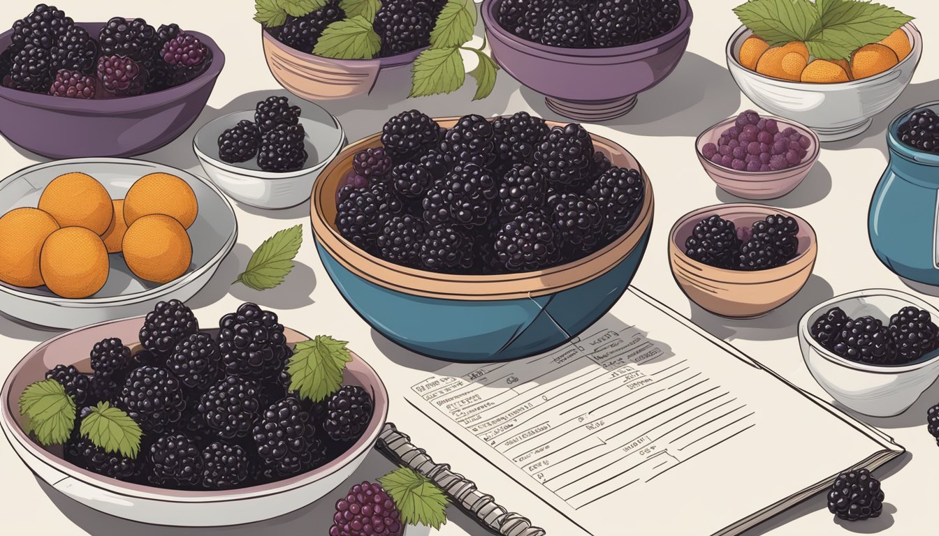 A table with ingredients and measuring cups, with mulberries and blackberries in separate bowls, next to a baking recipe book open to a page on fruit substitutions