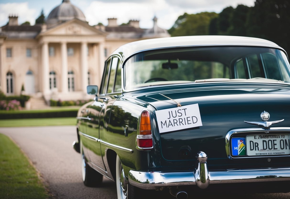 A vintage car with a "Just Married" sign drives away from a grand wedding venue