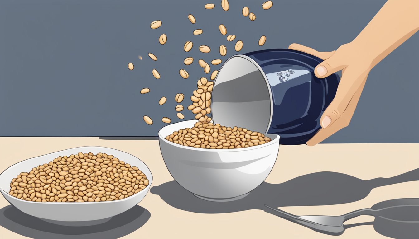 A bowl of navy beans being poured into a pot, next to a can of cannellini beans