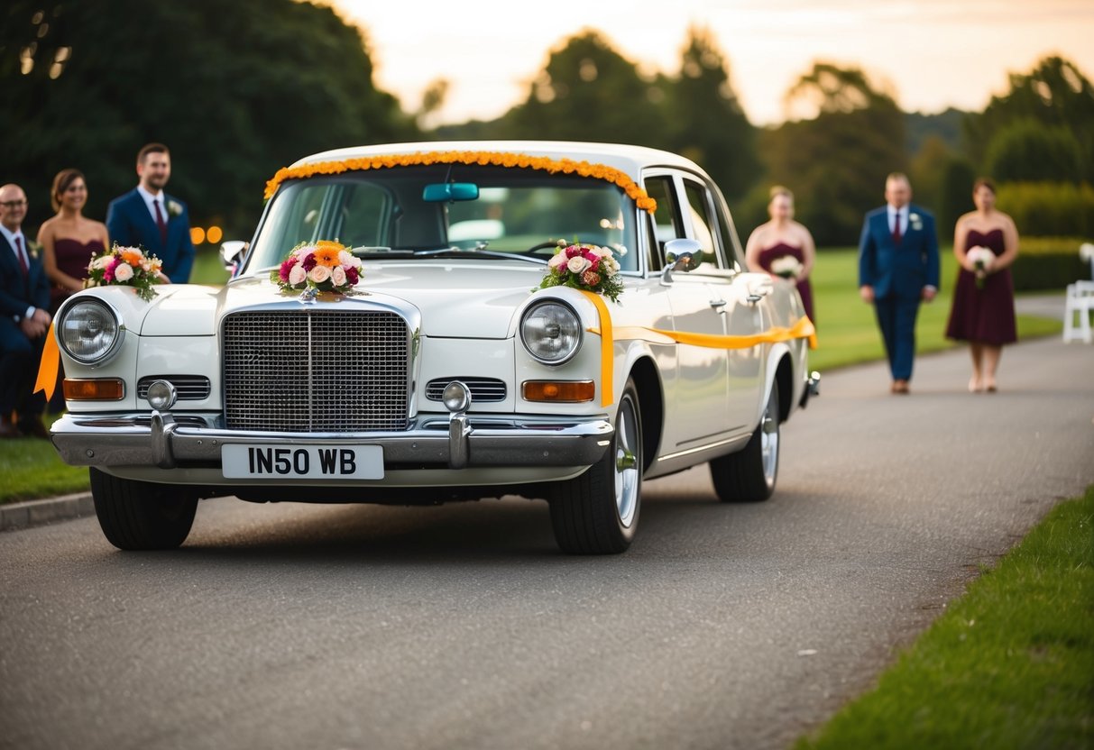 A decorated car with flowers and ribbons pulls up to the ceremony site