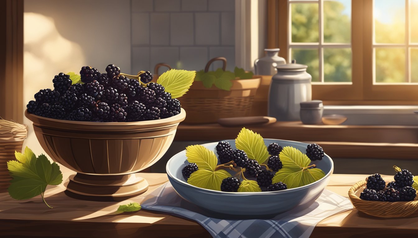 A rustic kitchen with a bowl of ripe mulberries next to a basket of blackberries, surrounded by baking ingredients and utensils. Sunlight streams through a window, casting a warm glow on the scene