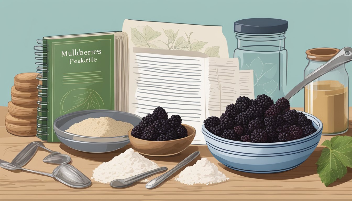 A kitchen counter with a bowl of mulberries next to a recipe book, measuring spoons, and various baking ingredients