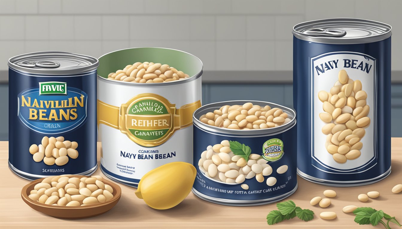 A can of navy beans being swapped for a can of cannellini beans on a kitchen counter