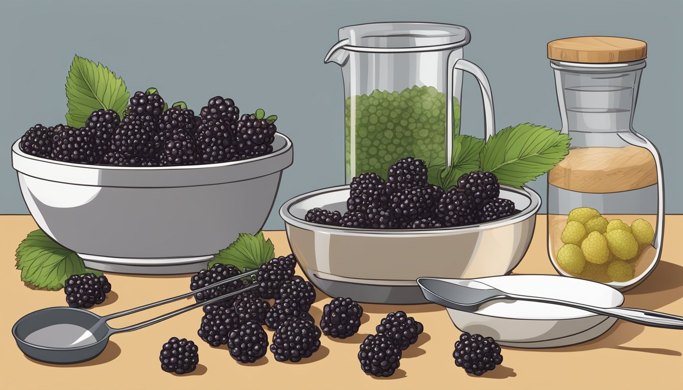 Ripe mulberries being used in place of blackberries in a baking recipe, with a bowl of the fruit next to a mixing bowl and measuring spoons