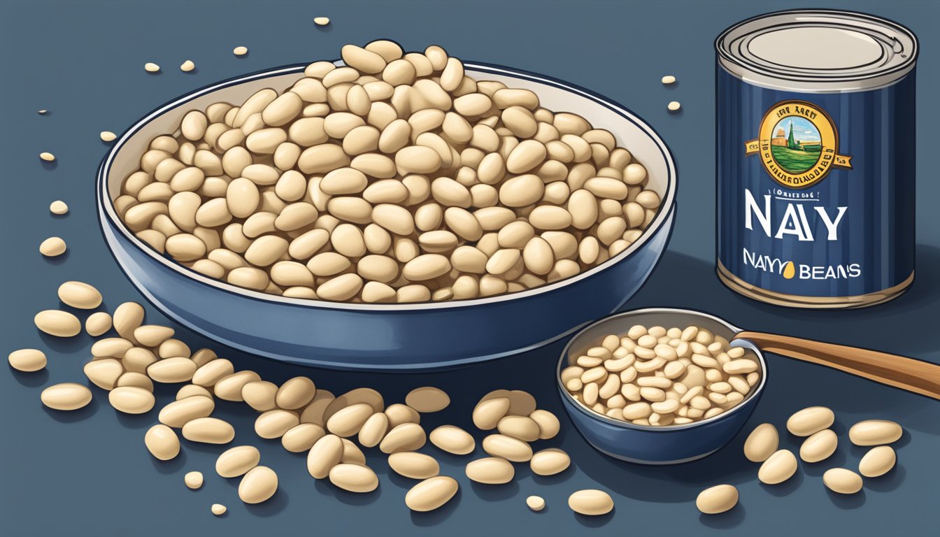 A can of navy beans sits next to a bowl of cannellini beans, with a measuring cup pouring the navy beans into the bowl