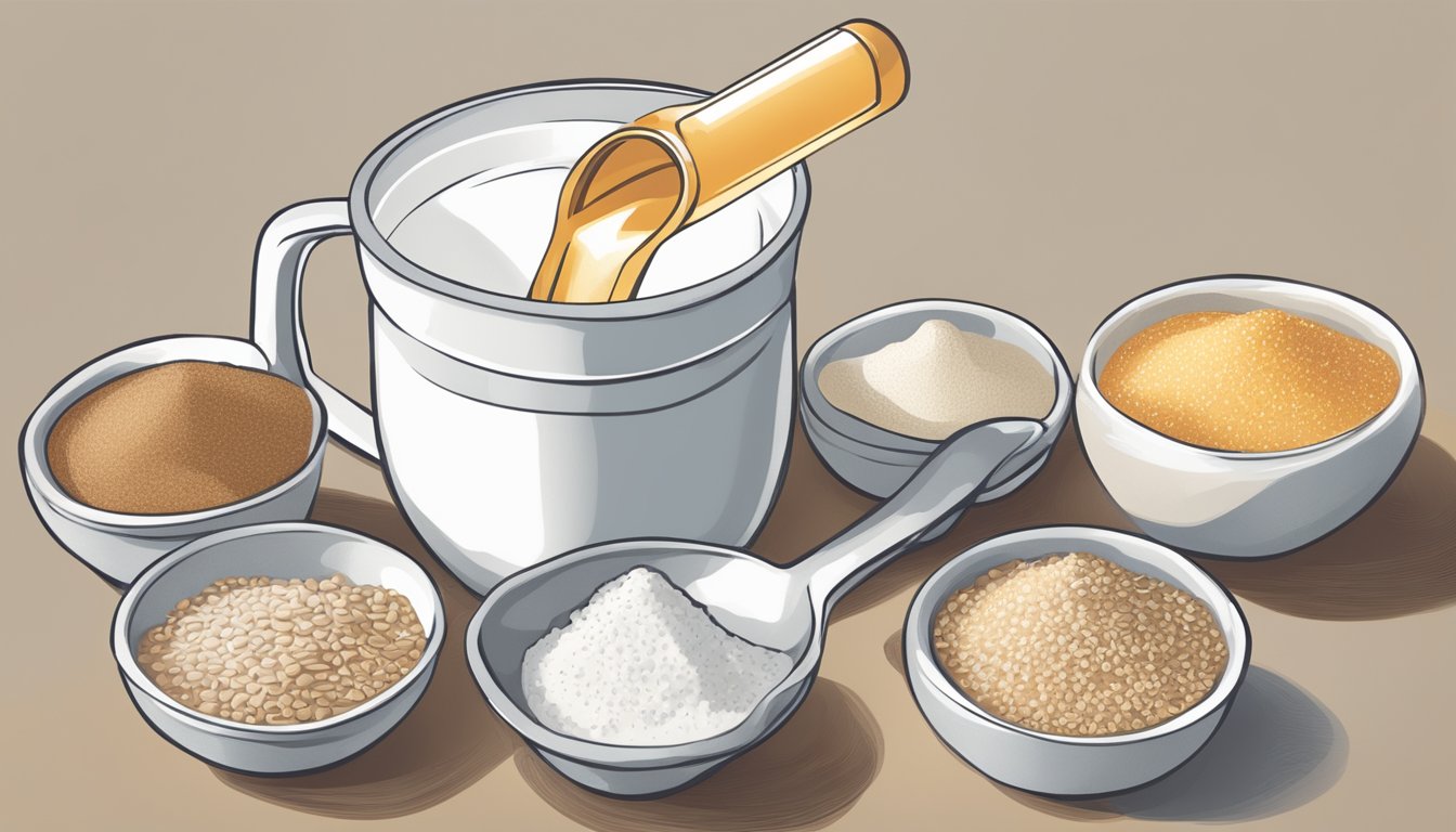 A measuring cup pouring non-dairy creamer into a mixing bowl of ingredients