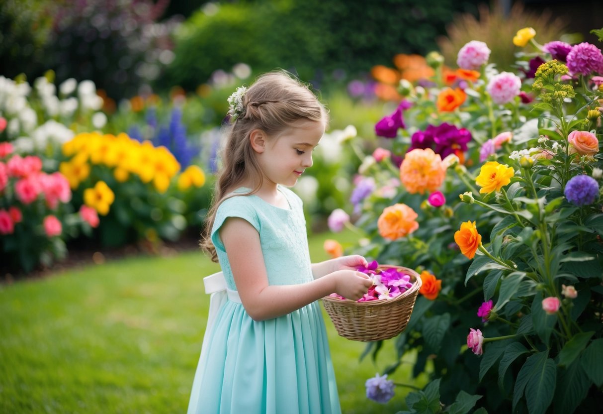 A garden with blooming flowers in various colors, with a young girl holding a basket of petals, carefully selecting the perfect shade for the flower girl dresses