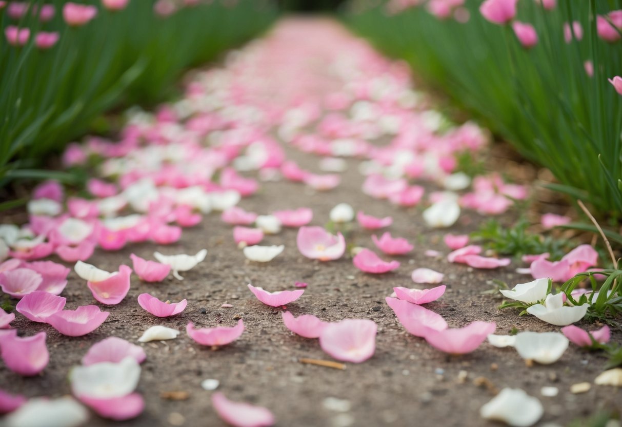 A garden path scattered with pastel pink and white flower petals