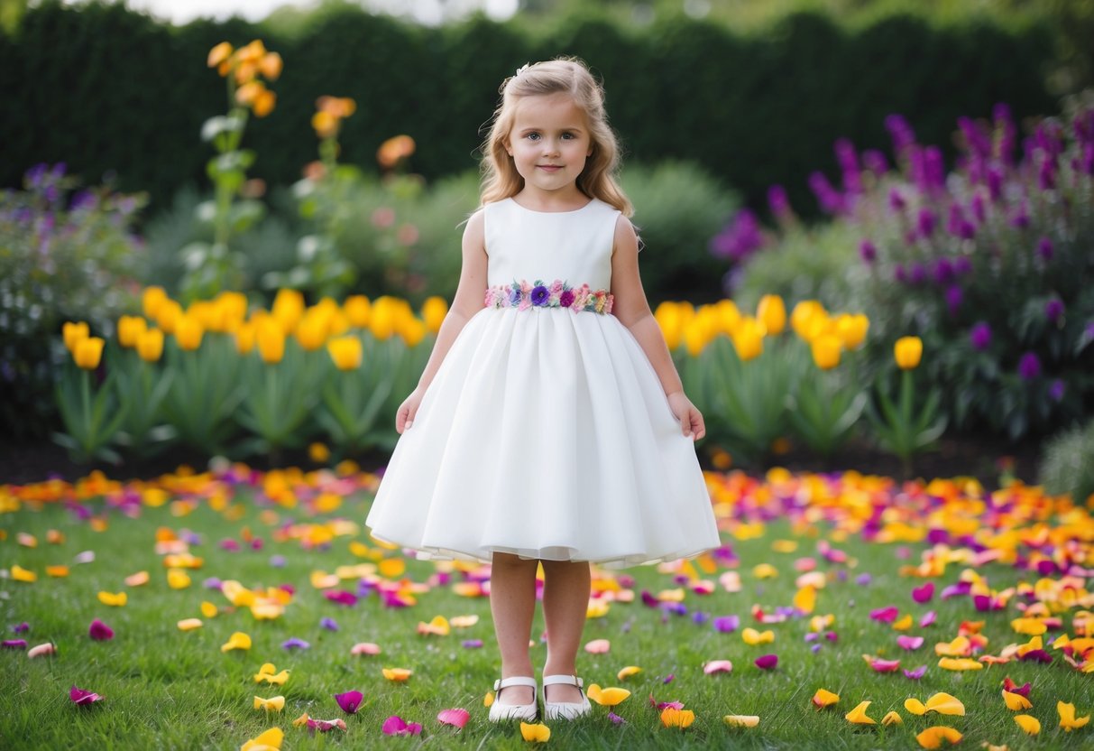 A young girl in a white dress stands in a garden, surrounded by colorful flower petals matching her dress