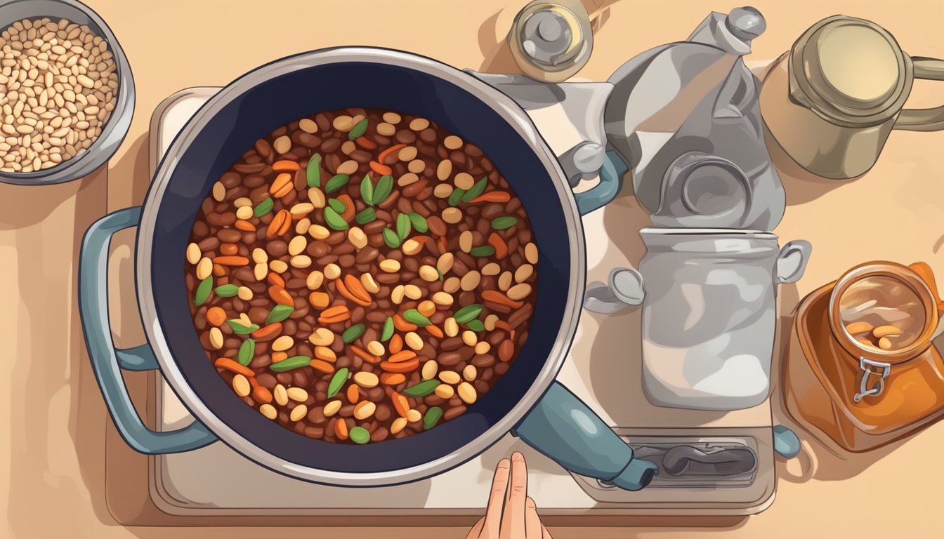 A pot of chili simmering on the stove, filled with colorful beans and aromatic spices. A hand reaches for a can of navy beans to substitute for the pinto beans