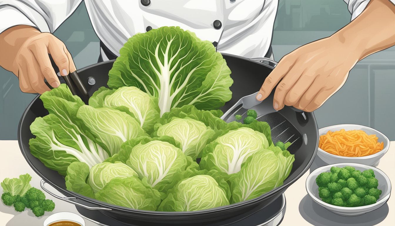 A chef swaps napa cabbage for green cabbage in a stir-fry, showcasing the process of substituting one ingredient for another in a culinary application