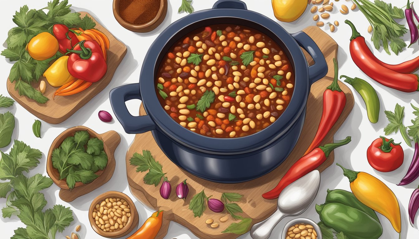 A pot of chili simmering on a stovetop, with navy beans replacing pinto beans, surrounded by colorful spices and vegetables