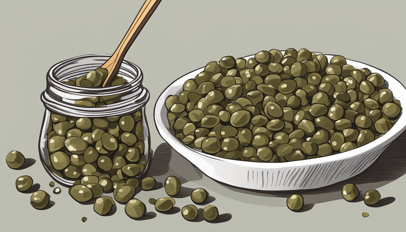 A jar of nonpareil capers sits next to a dish of brined capers, with a measuring spoon pouring the nonpareil capers into the dish