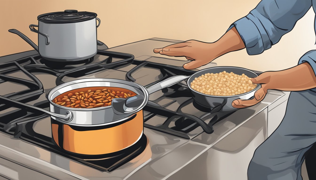 A pot of chili simmering on a stove, with a hand reaching for a can of navy beans to substitute for pinto beans