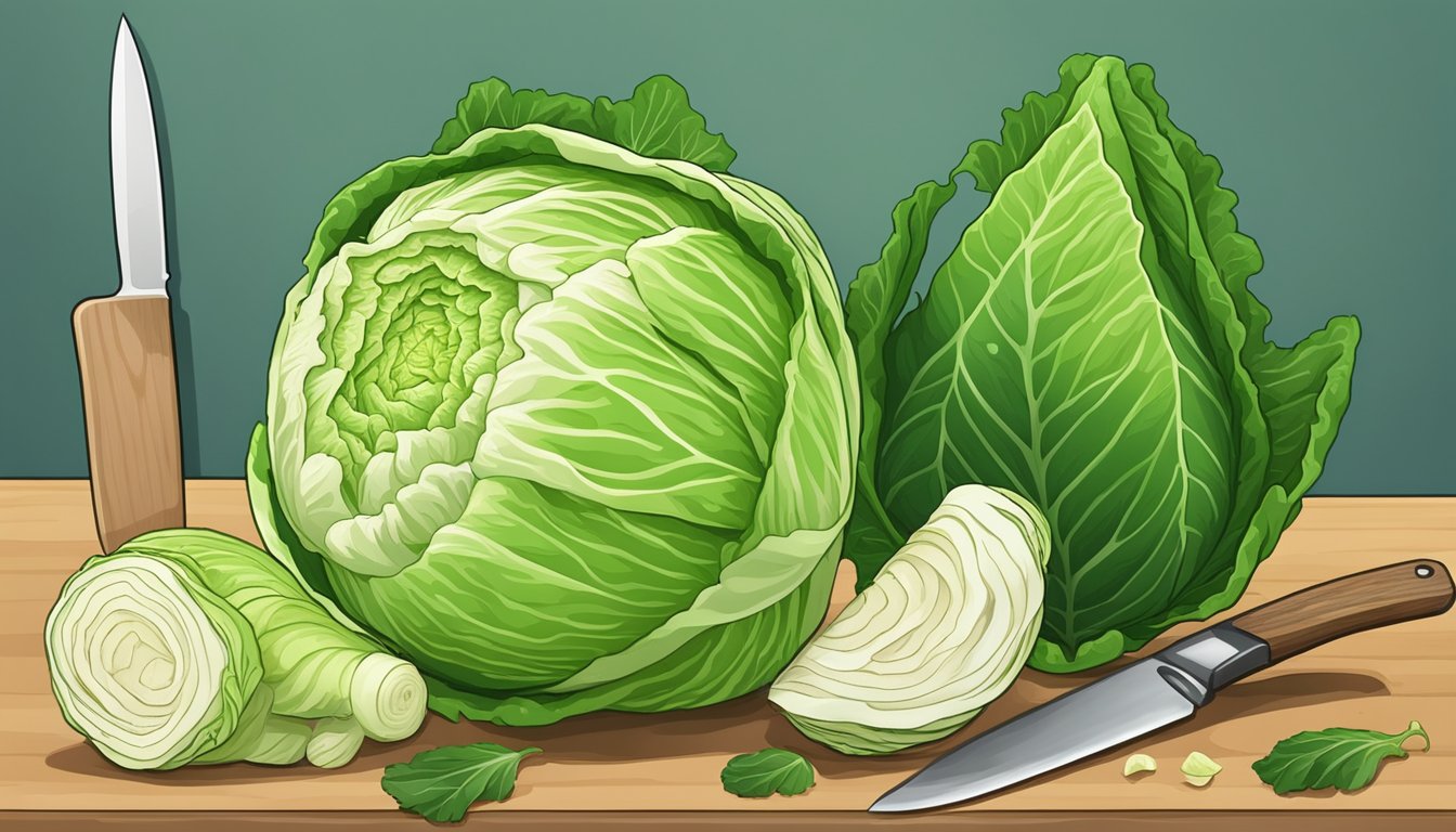 A head of napa cabbage placed next to a head of green cabbage, with a knife and cutting board nearby