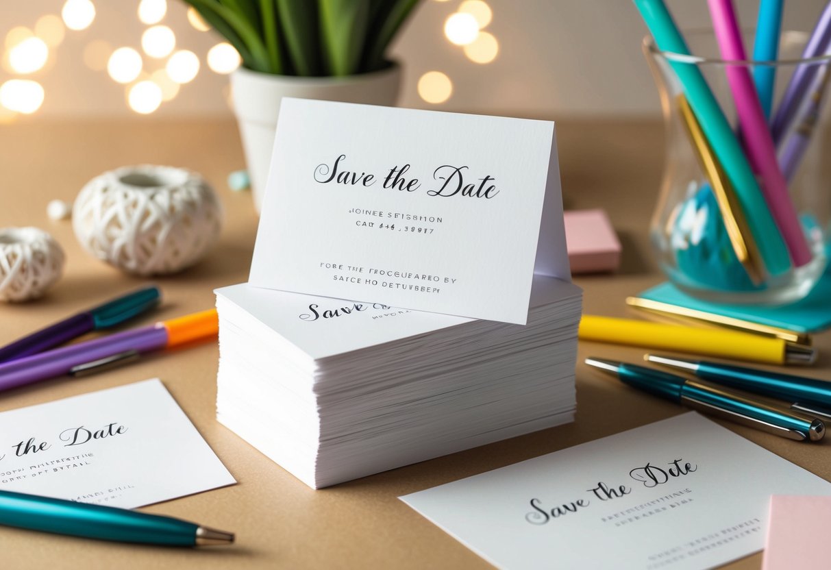 A stack of blank save the date cards on a table, surrounded by colorful pens and decorative elements