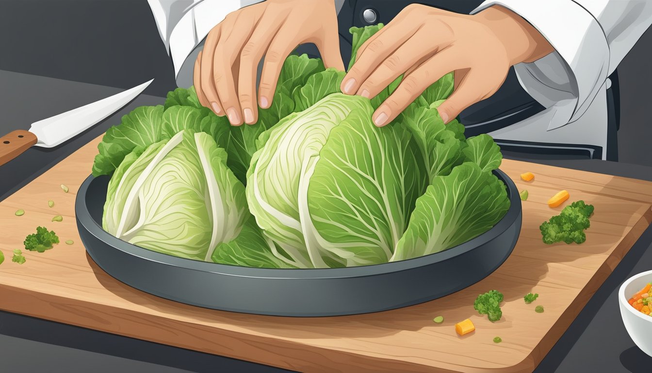 A chef swapping napa cabbage for green cabbage in a stir-fry, with various vegetables and seasonings on a cutting board