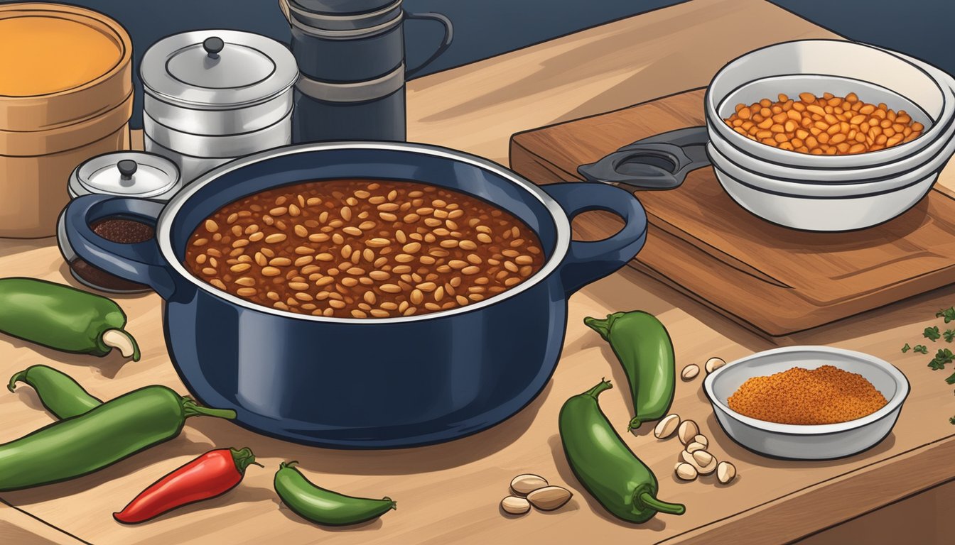 A pot of chili simmers on a stovetop, with navy beans replacing pinto beans. Various seasonings and spices are scattered nearby