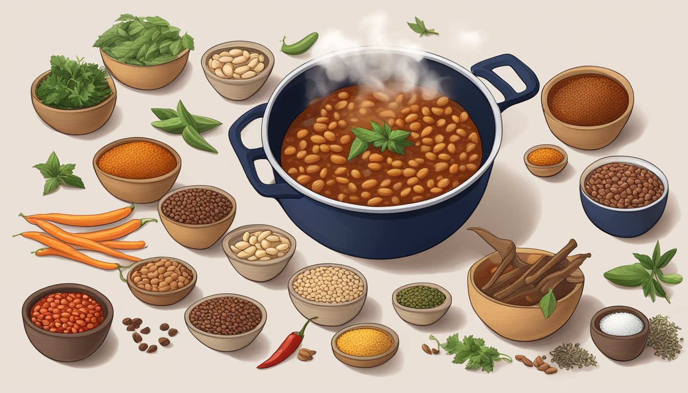 A steaming pot of chili with navy beans replacing pinto beans, surrounded by various spices and alternative ingredients