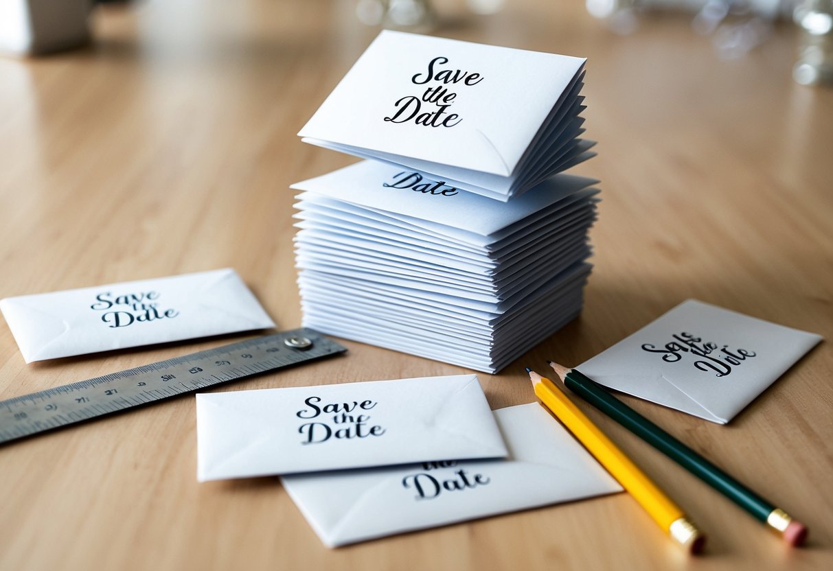 A stack of envelopes with 'Save the Date' cards spilling out, surrounded by a ruler and a pencil for counting and measuring