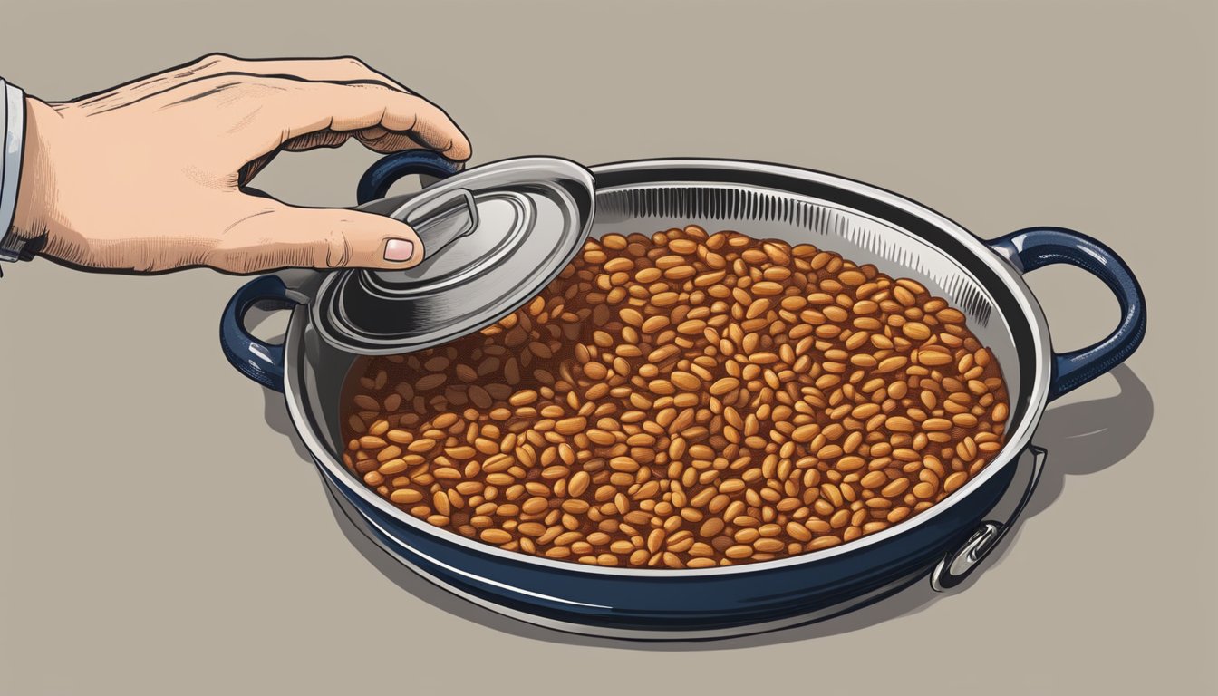 A pot of chili simmering on a stovetop, with a hand reaching for a can of navy beans to substitute for pinto beans