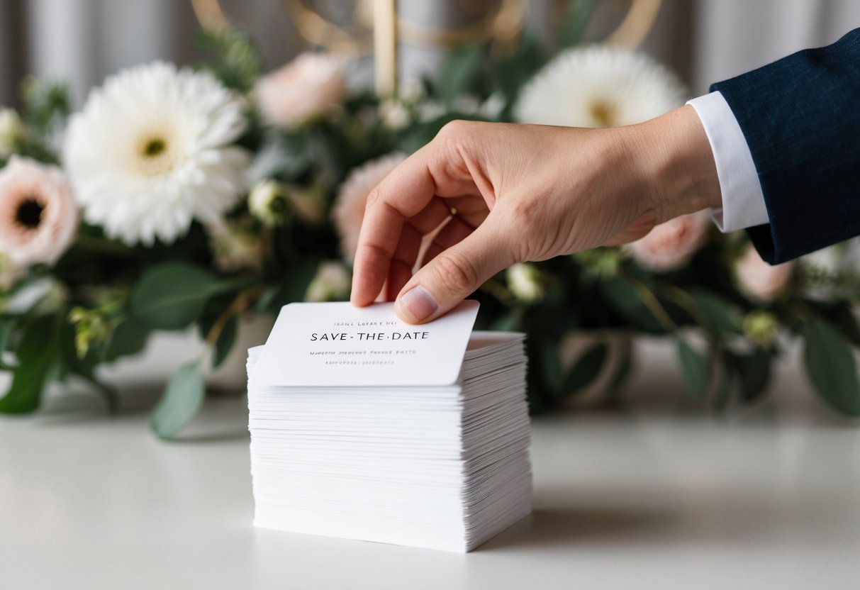 A hand placing a stack of save-the-date cards onto a table with floral decorations in the background