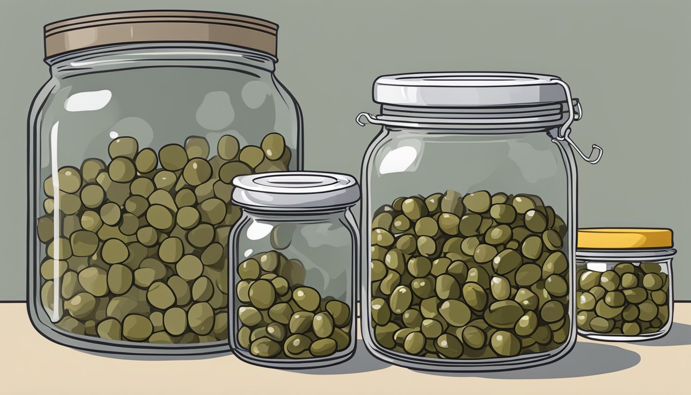 A jar of nonpareil capers sits next to a bowl of brined capers, with various storage containers and a refrigerator in the background