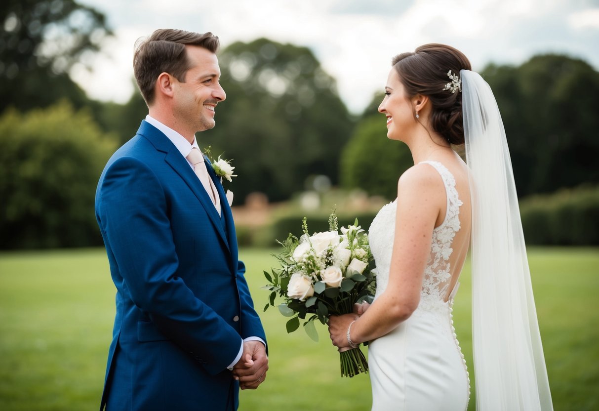 A wedding scene with a groom and bride standing on the left, facing each other