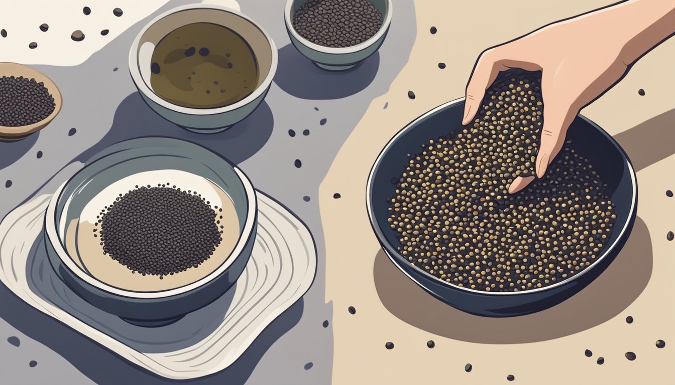 A small dish with nigella seeds next to a bowl of sesame seeds, with a hand reaching for the nigella seeds