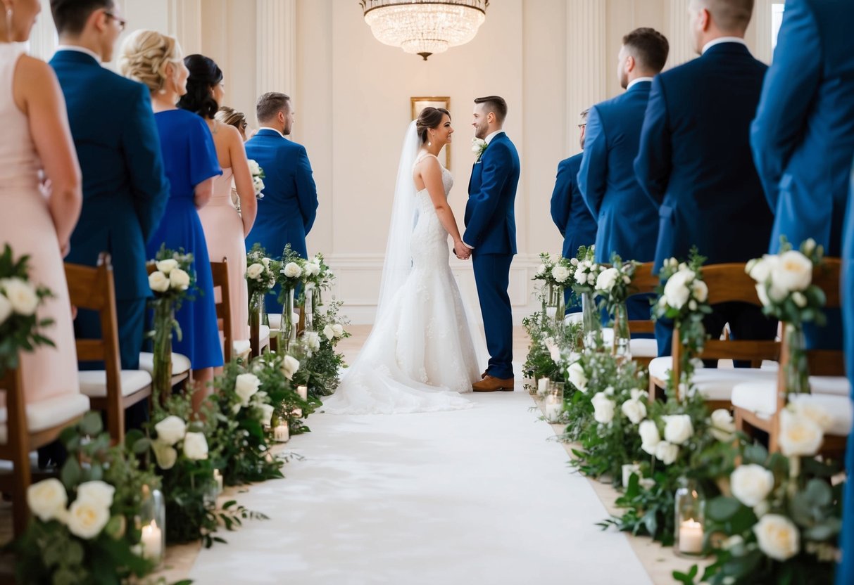 A bride and groom stand at opposite ends of a flower-lined aisle, facing each other with anticipation as they prepare to begin their wedding processional