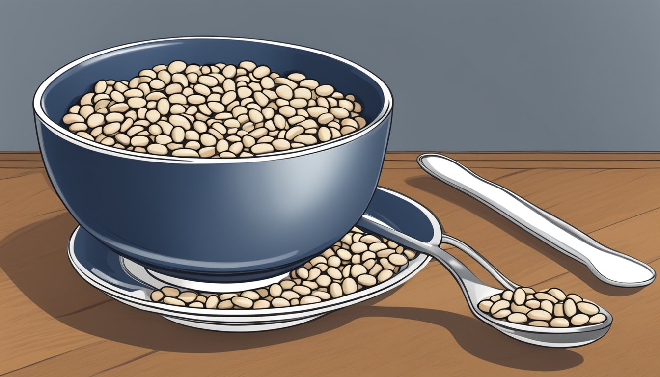 A bowl of navy beans replaces kidney beans in a recipe, with a measuring cup and spoon nearby