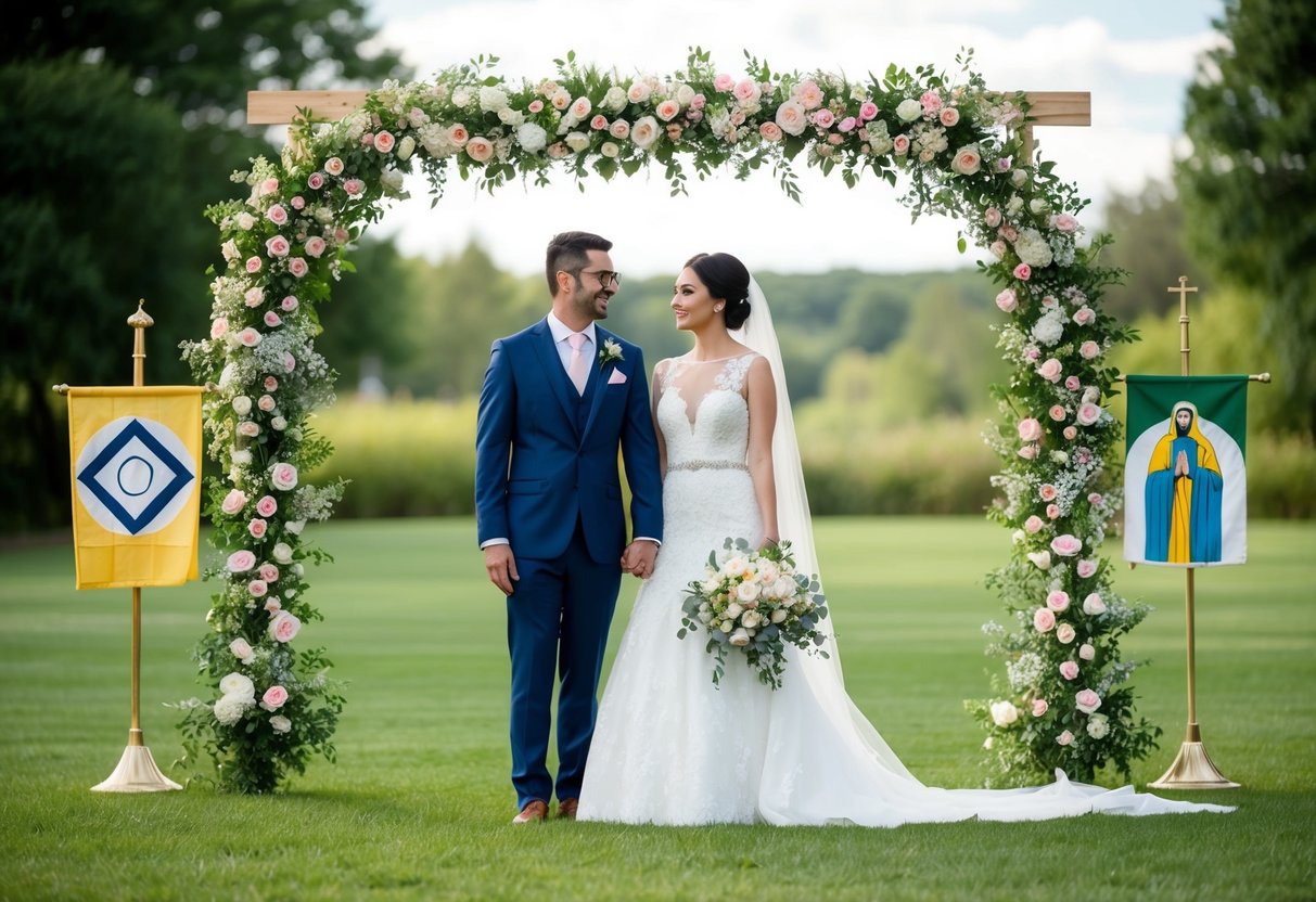 A bride and groom stand beneath a floral arch, flanked by symbols of their cultural and religious influences