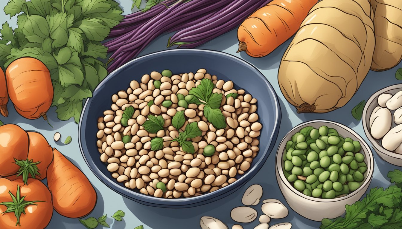 A bowl of navy beans replacing kidney beans in a recipe, surrounded by fresh vegetables and herbs