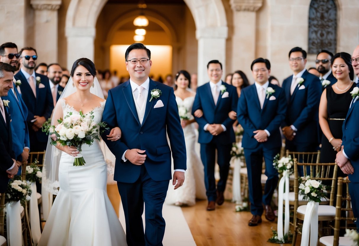 A bride leads the procession down the aisle, followed by the wedding party in a traditional ceremony