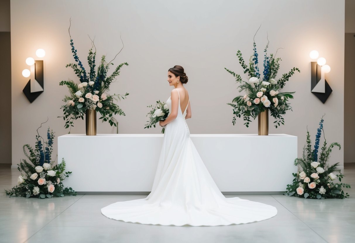 A modern bride stands on the left side of a minimalist wedding altar, surrounded by contemporary floral arrangements and geometric decor