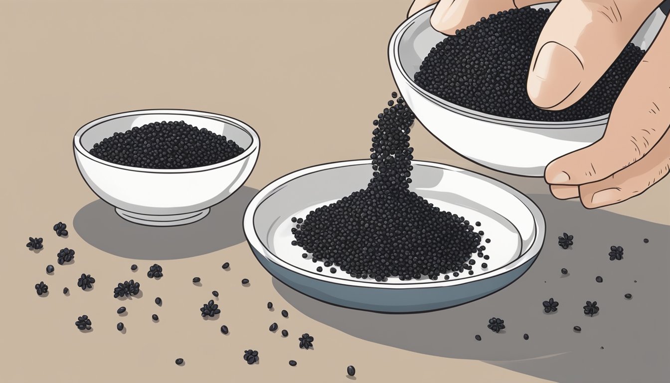 A hand sprinkling nigella seeds onto a dish in place of sesame seeds