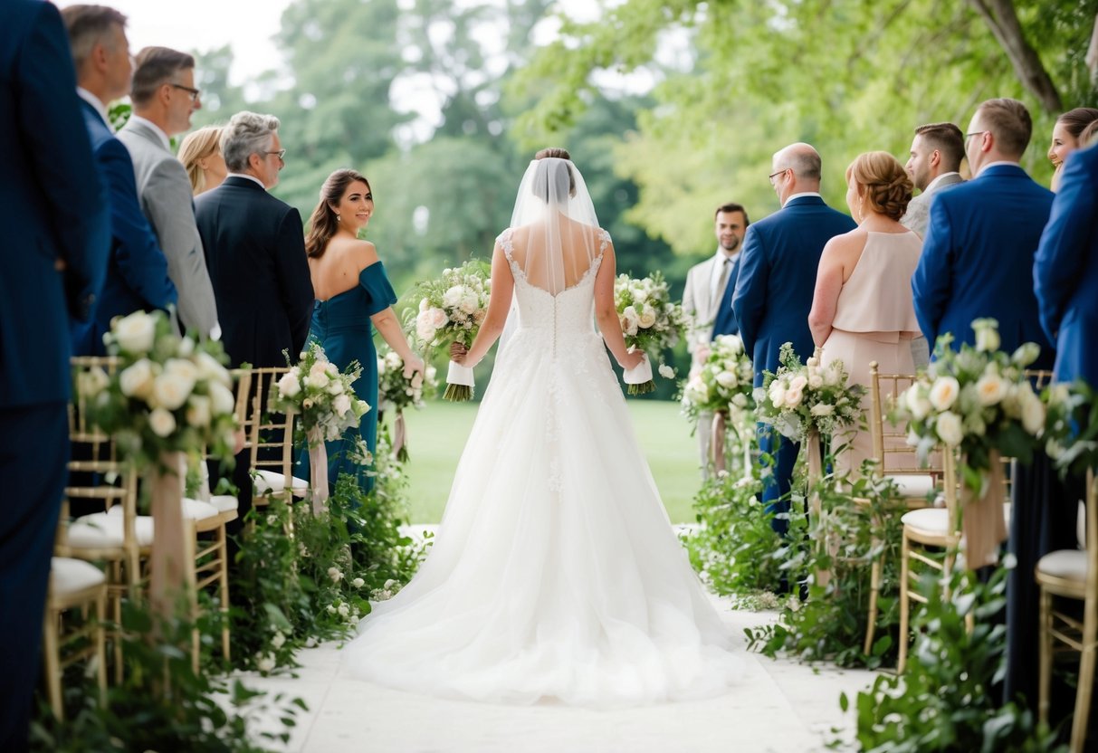 A bride stands at the end of an aisle, surrounded by lush greenery and flowers. A soft, romantic melody fills the air as she takes her first steps forward