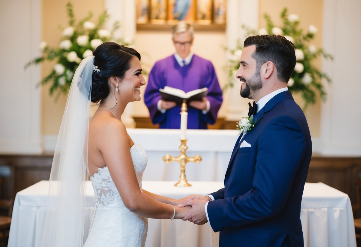 A bride and groom stand at the altar, with the bride positioned on the left side, facing the officiant