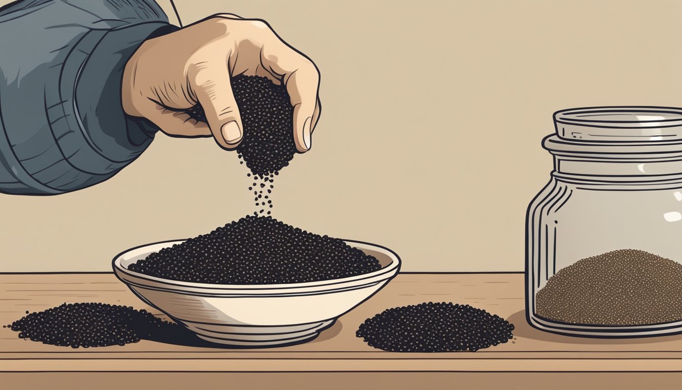 A hand reaching for a jar of nigella seeds next to a bowl of sesame seeds