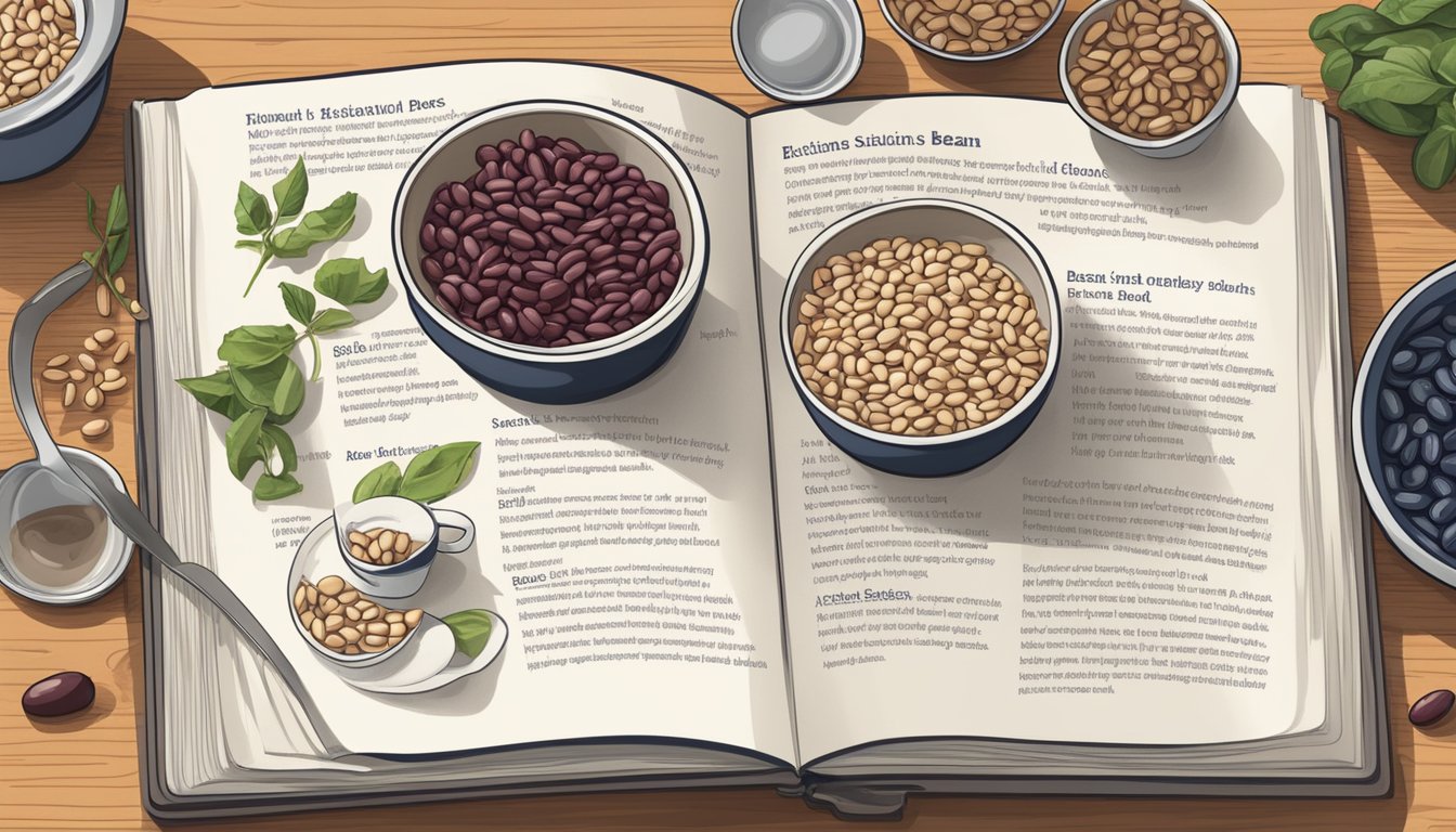 A kitchen counter with navy beans and kidney beans in bowls, alongside a recipe book open to a page on bean substitutions