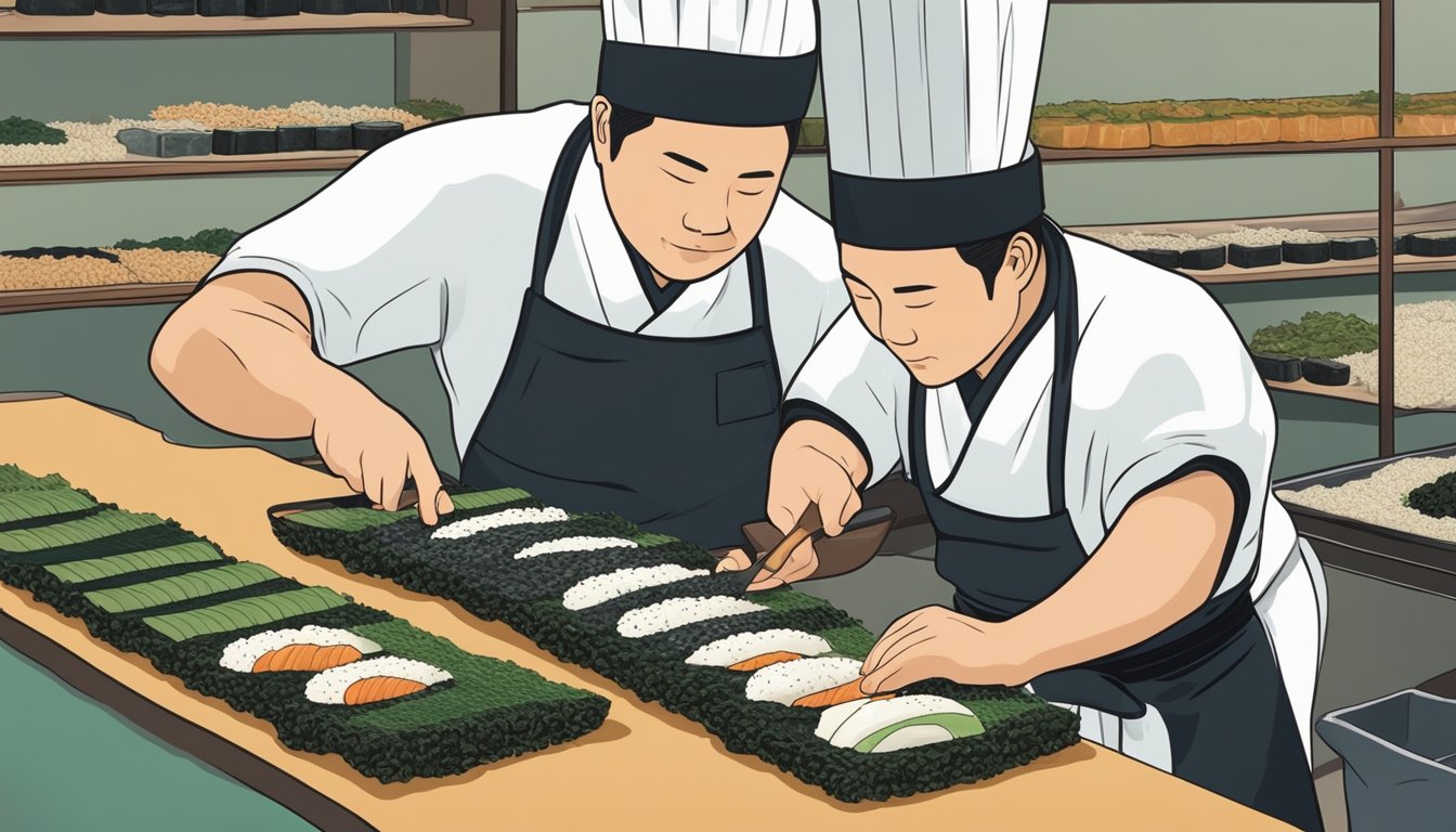 A sushi chef swaps out kelp for nori sheets, carefully layering the seaweed with rice and fillings before rolling and slicing the sushi into perfect bite-sized pieces