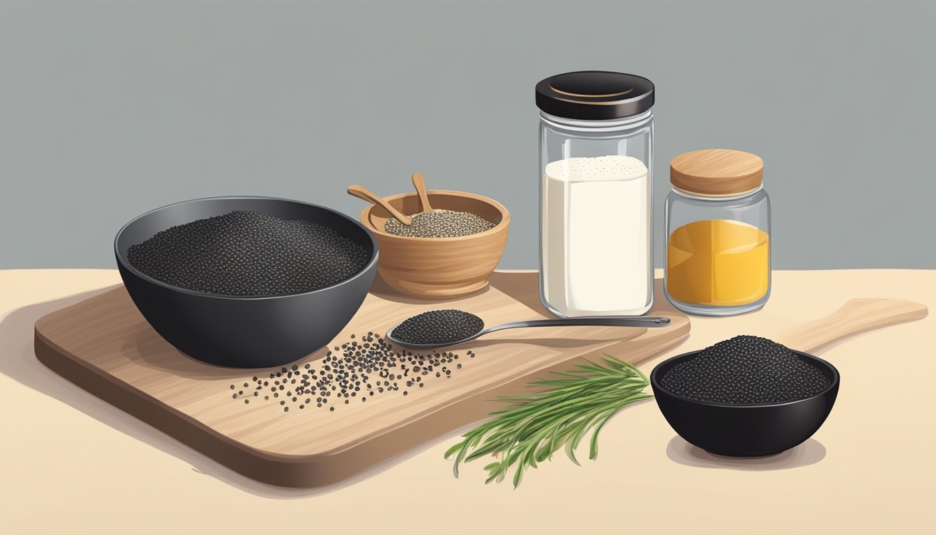 A kitchen counter with a jar of nigella seeds next to a bowl of sesame seeds, with various cooking utensils scattered around