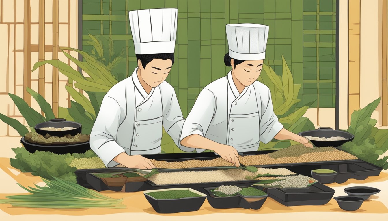 A sushi chef carefully swaps out kelp for nori sheets, arranging ingredients on a bamboo mat. The vibrant colors and textures of the sushi fill the frame