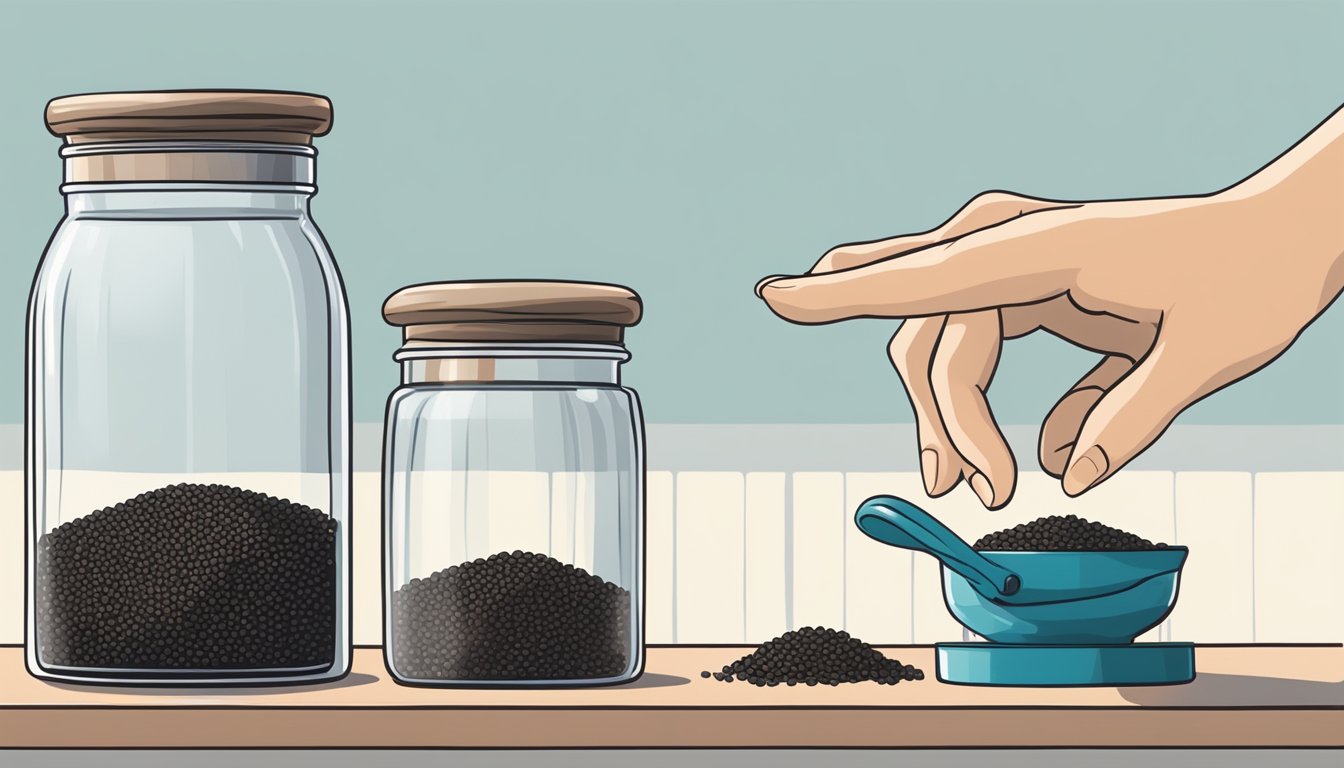 A hand reaching for a jar of nigella seeds on a kitchen shelf, while a container of sesame seeds sits nearby