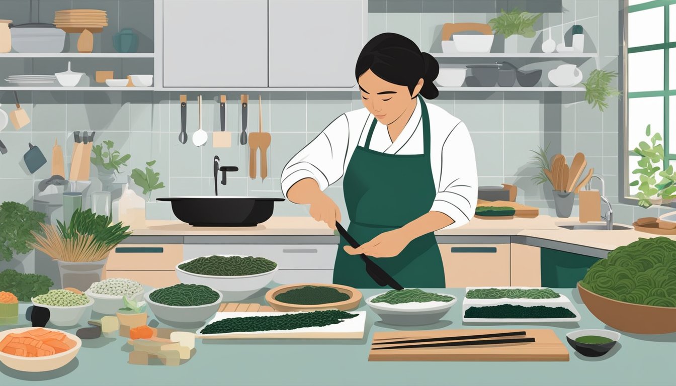 A chef swaps nori sheets for kelp, arranging sushi ingredients and tools on a clean, organized kitchen counter