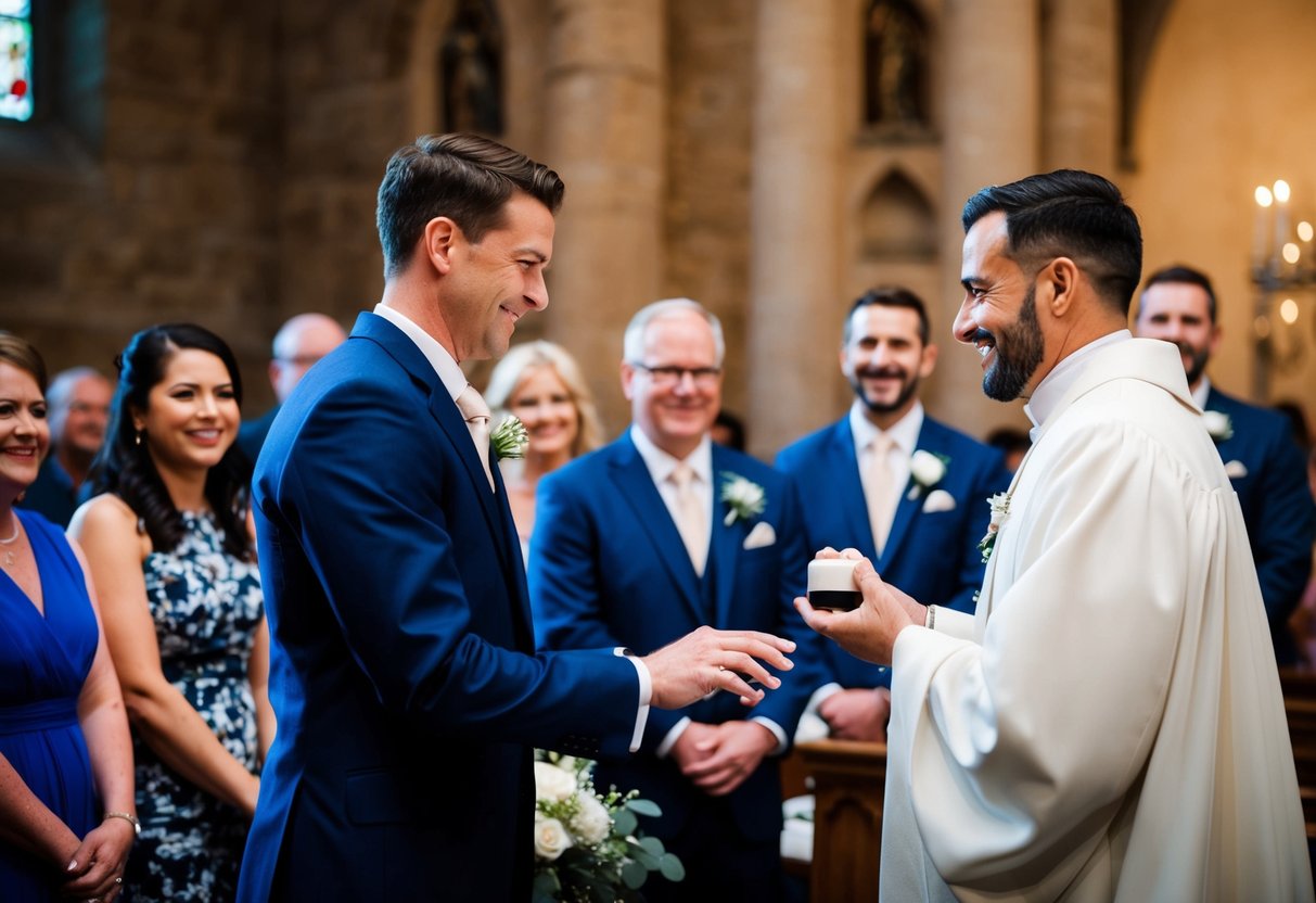 A figure stands at the altar, holding a ring box. Guests smile and watch as he presents it to the couple