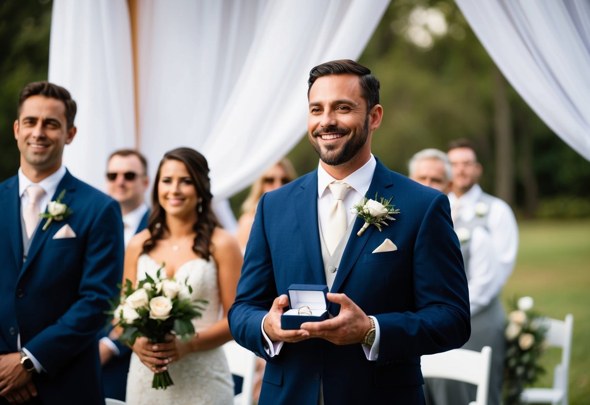 A man stands at the front of a wedding ceremony, holding a ring box and smiling. He is dressed in a suit and tie, with a boutonniere pinned to his lapel